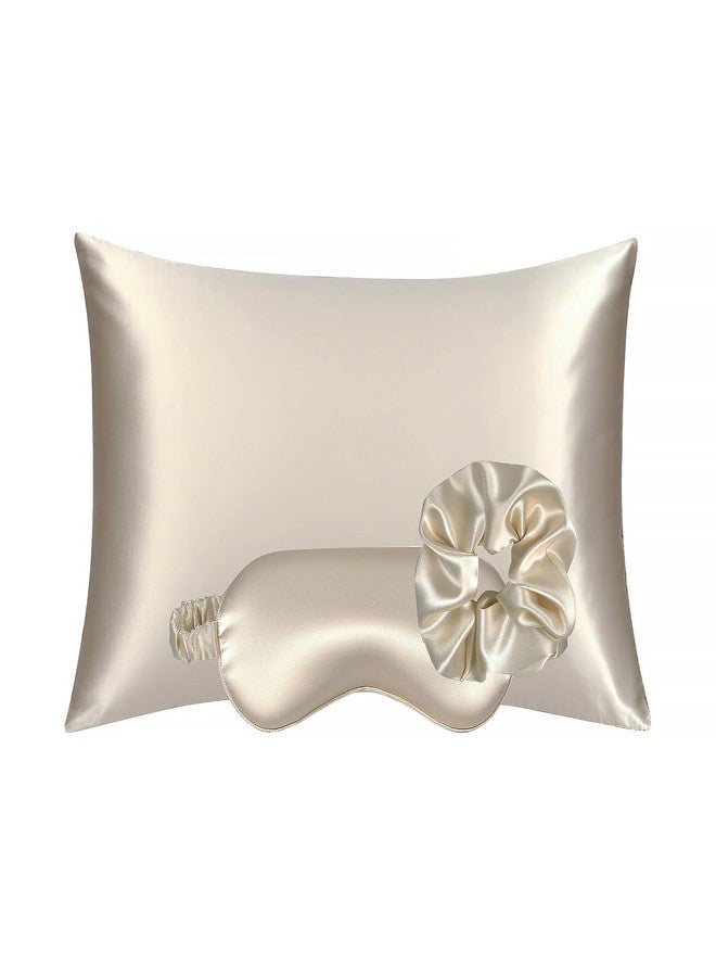KISMETICS - Vegan Silk Sleep Set, Vegan Silk Pillowcase with Large Scrunchie and Eye Mask for Hair and Skin, Self Care Essential Satin Night Routine Kit (Champagne Color) - Image 1